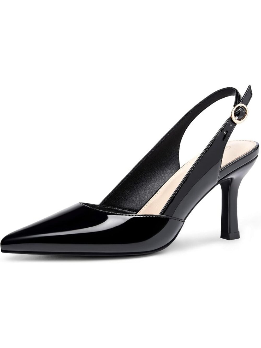 Womens Black Patent Leather Slingback Kitten Heel Closed Pointed Toe Pumps Shoes